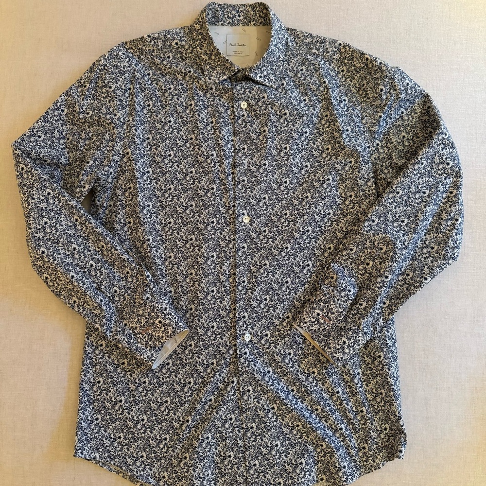 PAUL SMITH Floral Dress Shirt 15” Navy Blue and White EUC
